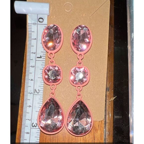 Pink Powdered Metal Dangle Bling Earrings with Faceted Pink Glass Rhinestones - Picture 8 of 10